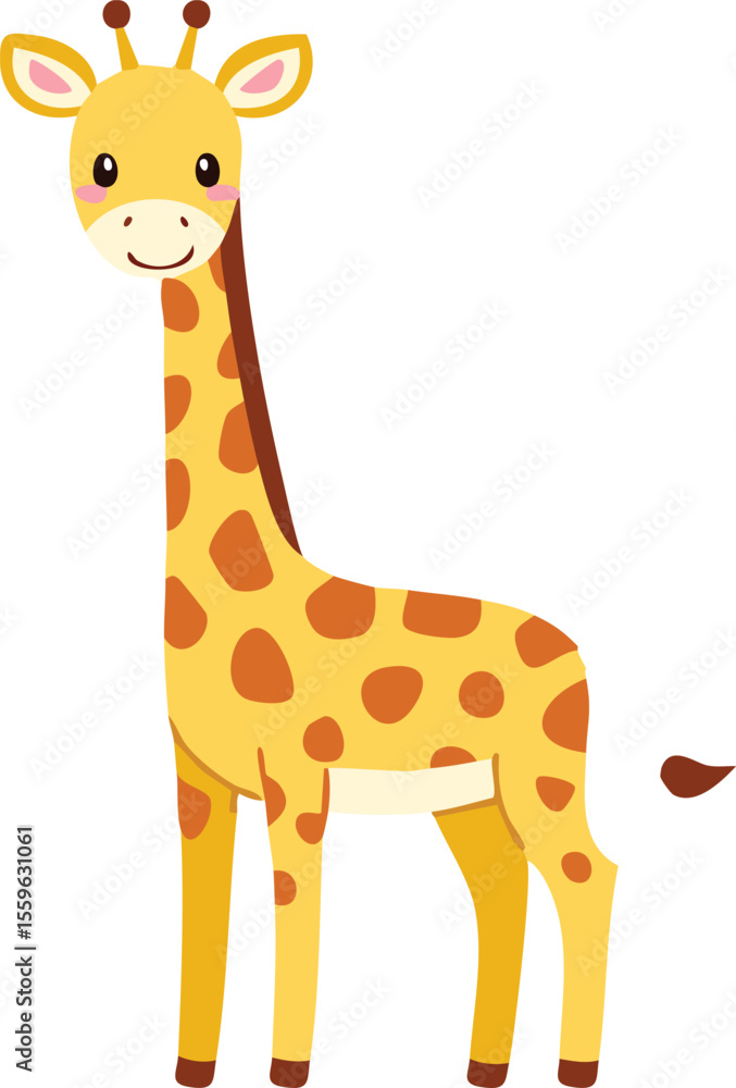 Obraz premium A cheerful cartoon giraffe stands, showcasing its distinctive spots and long neck.