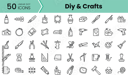 A collection of 50 linear dot icons representing DIY and crafts, showcasing various tools and supplies for creative projects, ideal for enthusiasts and professionals alike.