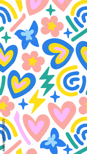Vibrant Pattern: A whimsical pattern with hearts, flowers, rainbows, and stars, designed in a vibrant and playful style, suitable for diverse design applications.