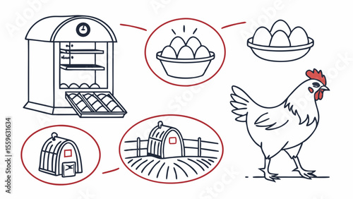 Chicken coop, incubator, eggs, hen