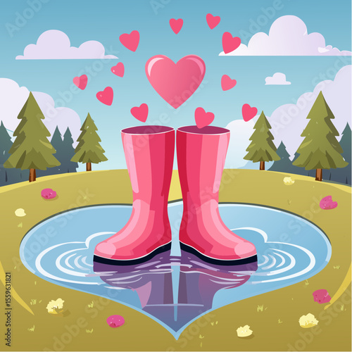 A pair of rain boots splashing into a puddle shaped like a heart – joyful innocence.
