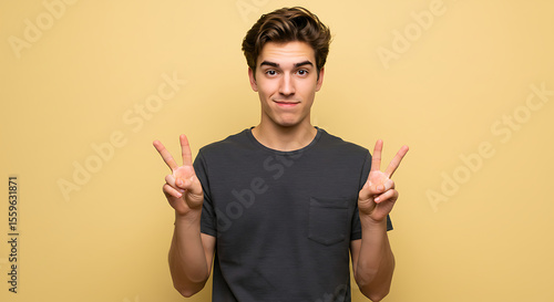 Young Man Showing Peace Sign, Portrait Photography