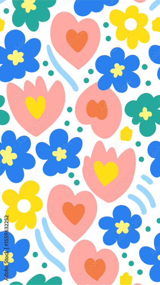 Fototapeta premium Floral Fantasy: A captivating seamless pattern with an array of blossoms, exuding joy and liveliness. Each bloom, a vivid testament to the beauty found in nature.