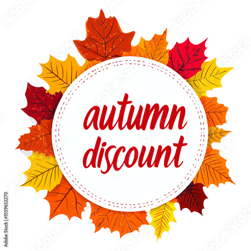This "Autumn Discount" badge, surrounded by colorful fall leaves, is perfect for websites or blogs for seasonal promotions, harvest sales, Thanksgiving, or e-commerce deals during autumn.

