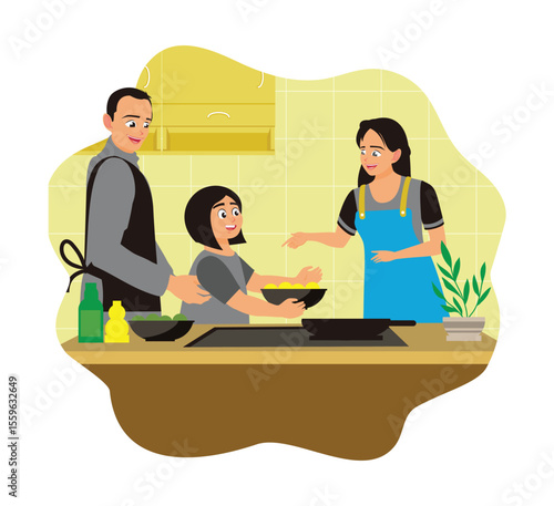 Happy family cooking together in home kitchen with modern equipment.