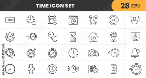  Time icon set. Timer, alarm, schedule, hourglass, clock icons. Solid icon collection.
