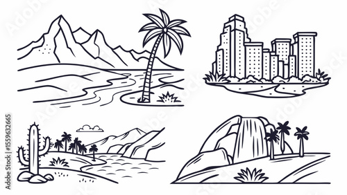 Four scenic line art landscapes