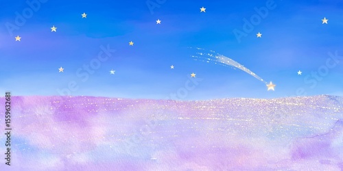 流れ星が落ちたラベンダー花畑がキラキラと輝くロマンティックな背景素材。水彩画を使った幻想的な雰囲気のイラスト。