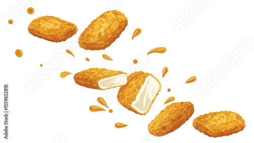 Crispy chicken nuggets in mid-air