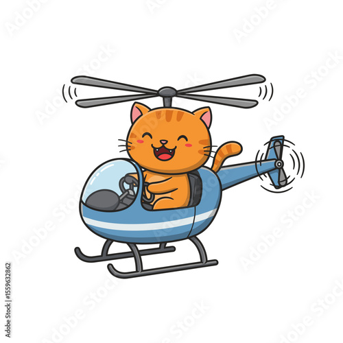 A joyful orange cartoon cat pilots a blue helicopter with white stripes, smiling brightly inside the cockpit as the rotors spin.