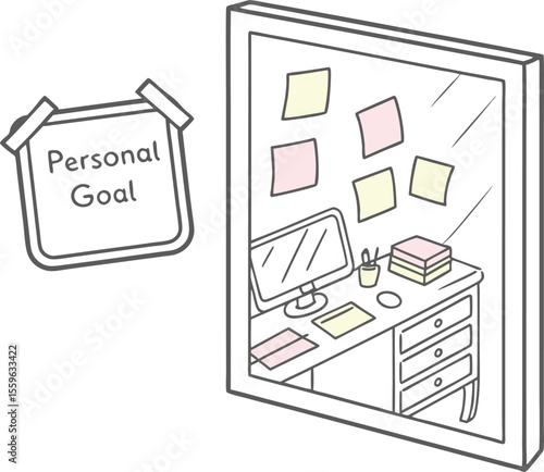 A hand drawn illustration shows a sticky note with the words personal goal taped to a wall next to a mirror reflecting a desk with a computer and colorful sticky notes