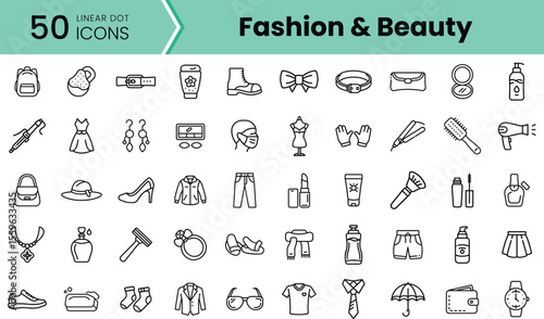 A collection of linear icons representing fashion and beauty items, featuring accessories, cosmetics, clothing, and grooming tools in a stylish layout.