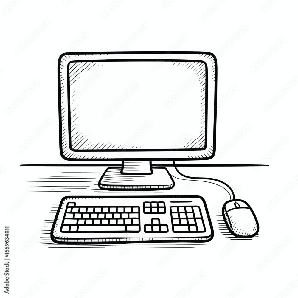 Fototapeta premium Hand Drawn Computer with Monitor Keyboard and Mouse on White Background