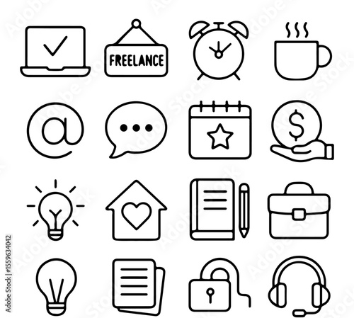 A collection of simple vector icons that capture the essence of freelancing lifestyle, encompassing work, communication, and home office tools.