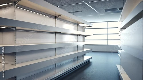 Empty retail shelves in a modern store interior, showcasing a minimalistic design and bright lighting