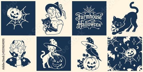 Monochrome line art and silhouette illustrations with a farmhouse Halloween theme, ideas for engraving and cut machines and DIY mystery concepts