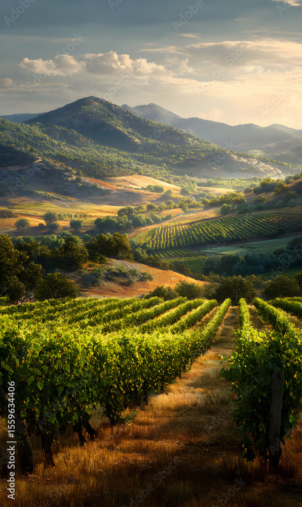 Serene vineyard landscape with rolling hills bathed in soft light evoking a sense of peace and tranquility Serene vineyard landscape with rolling hills bathed in soft light evoking a sense of peace and tranquility