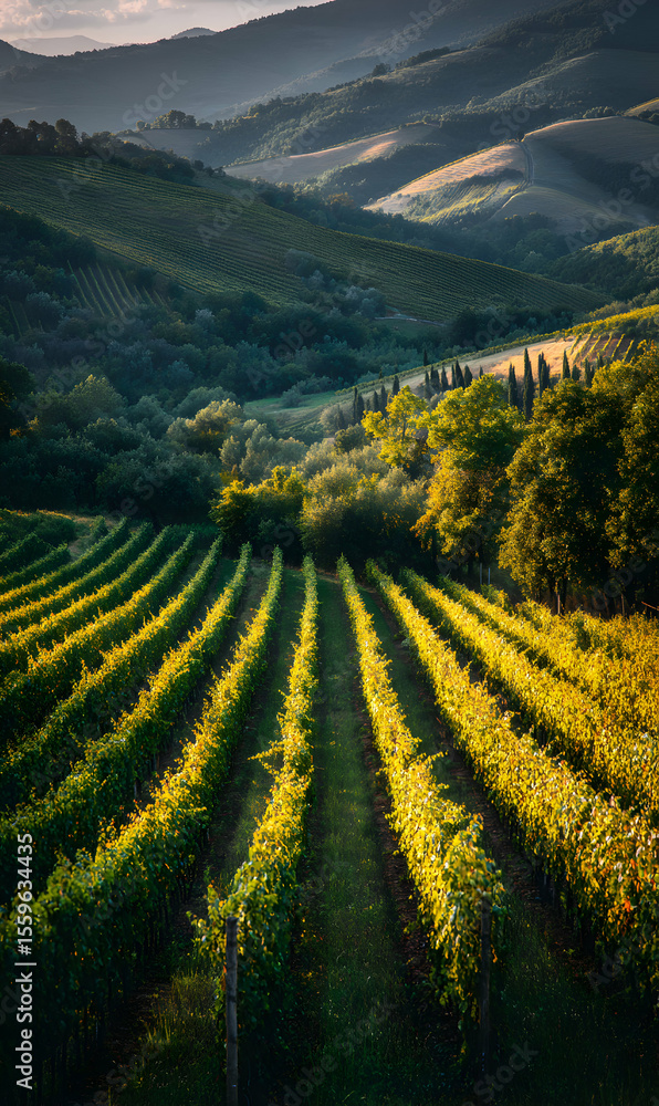Fototapeta premium Sunlit vineyards stretching across rolling hills of Tuscany evoke serenity and the promise of fine wine