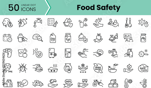 A collection of 50 linear icons representing food safety. The designs include handwashing, PPE, safe food storage, and hygiene practices showcased in a cohesive style.