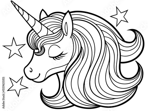 Elegant Unicorn Head with Flowing Mane and Stars Outlined for Coloring Book or Graphic Design Projects