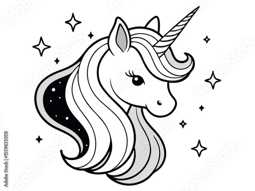 Elegant Unicorn Head with Flowing Mane and Stars Black and White Line Art Illustration for Coloring Books and Designs