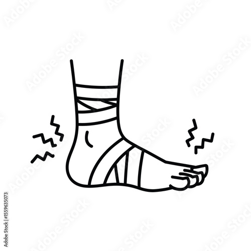 Foot injury outline with bandage and pain indicator vector illustration isolated