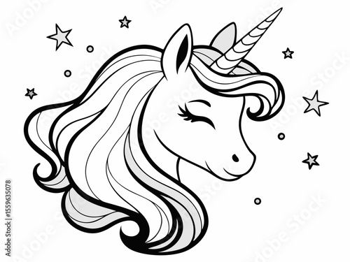 Elegant Unicorn Head with Flowing Mane and Stars Black and White Illustration for Coloring Book or Graphic Design Projects