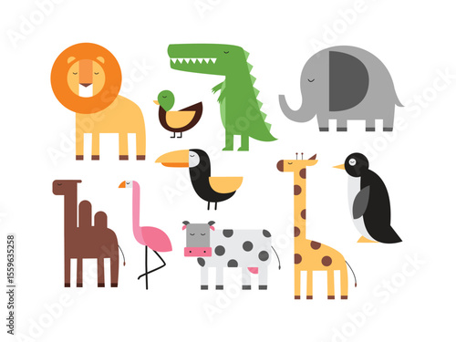 Collection of flat illustrations of cute animals