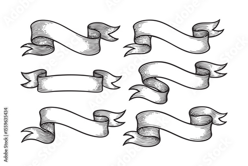 Vintage Scroll Ribbons banner Vector Engraving Set
