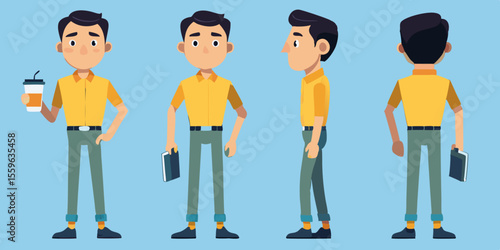 Cartoon Character Turnaround with Coffee Cup and Book on Blue Background for Animation and Design Projects