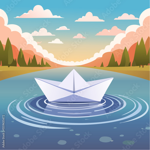 A paper boat sailing across a puddle shaped like the ocean – small objects, big dreams.
