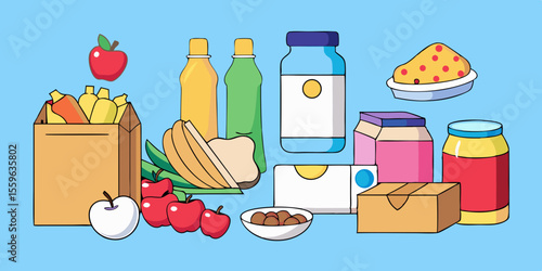 Grocery Shopping Illustration Featuring Fresh Produce Dairy and Snacks
