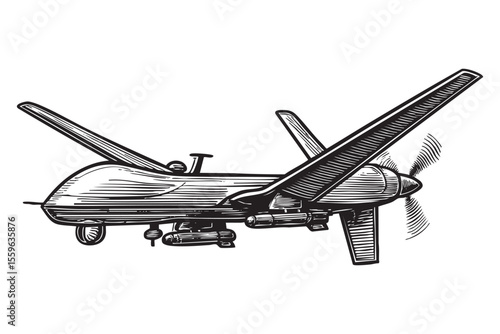 Military Reconnaissance Drone UAV Vector Engraving Illustration