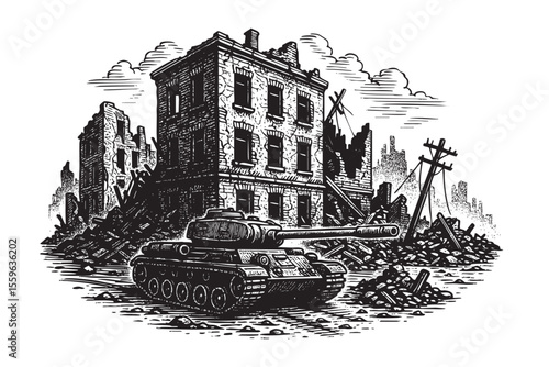 World War Urban Combat Vector Engraving Scene