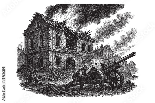 World War Urban Combat Vector Engraving Scene