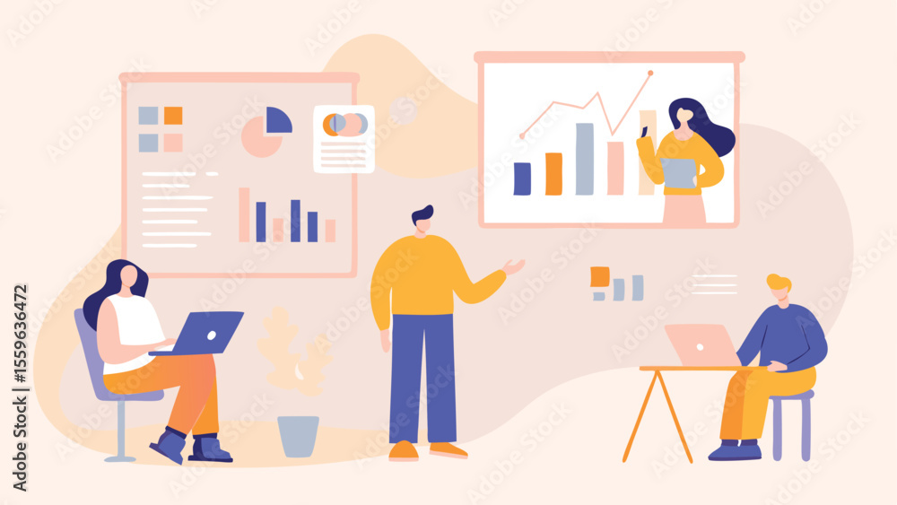 Illustration of people working on laptops and presenting data on whiteboards in a meeting room Illustration of people working on laptops and presenting data on whiteboards in a meeting room