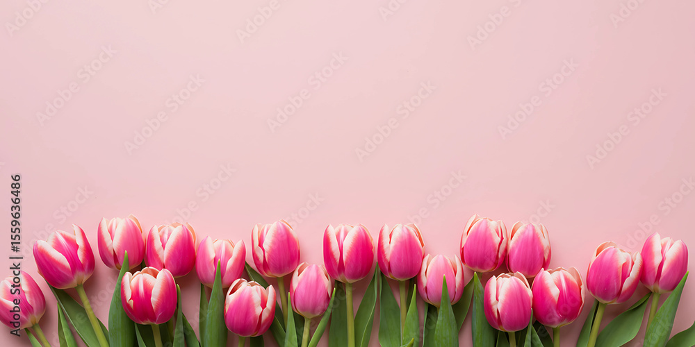Fototapeta premium Pink and White Tulips Forming a Border on a Soft Pink Background, Spring Floral Concept with Copy Space