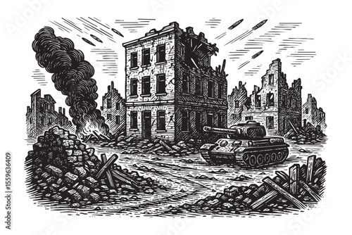 World War Urban Combat Vector Engraving Scene