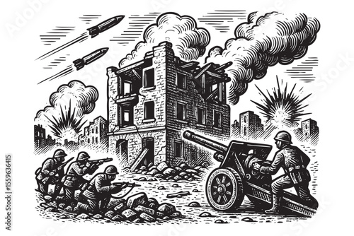World War Urban Combat Vector Engraving Scene