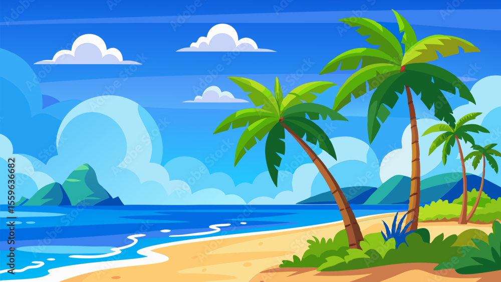 Obraz premium Tropical Beach Paradise. Palm Trees. Ocean. and Sandy Shores
