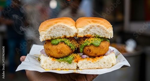 Delicious Steaming Indian Vada Pav Street Food