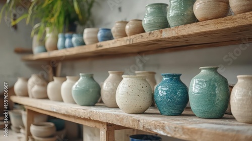 Assortment Of Ceramic Vases Displayed On Wooden Shelves in a Pottery Studio Featuring Earthy Tones and Textures