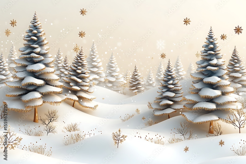 Fototapeta premium Winter landscape illustration with snow-covered fir trees golden snowflakes and snowy hills on