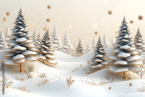 Winter landscape illustration with snow-covered fir trees golden snowflakes and snowy hills on