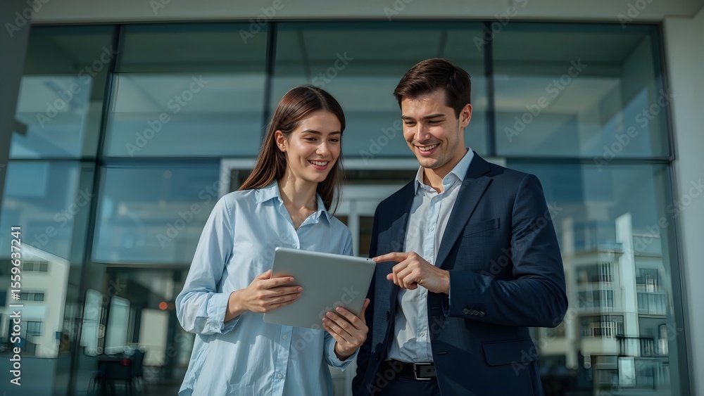 Business colleagues collaborate on a tablet outside the office, reviewing data and discussing strategy with a confident and professional demeanor. Business colleagues collaborate on a tablet outside the office, reviewing data and discussing strategy with a confident and professional demeanor.