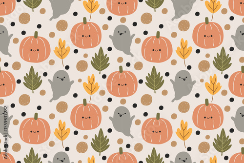 Seamless Halloween pattern with pumpkins ghosts leaves and dots
