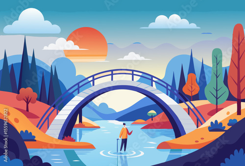 Tranquil Sunset Landscape. Serene Bridge and Calm River