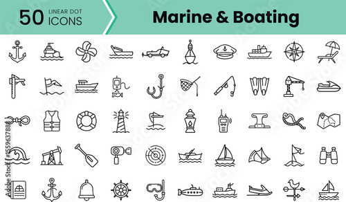 A collection of 50 marine and boating linear dot icons showcasing various nautical themes, including ships, anchors, buoys, and more in a clean design.