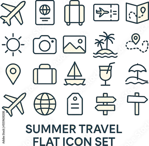 Summer travel flat icon set 