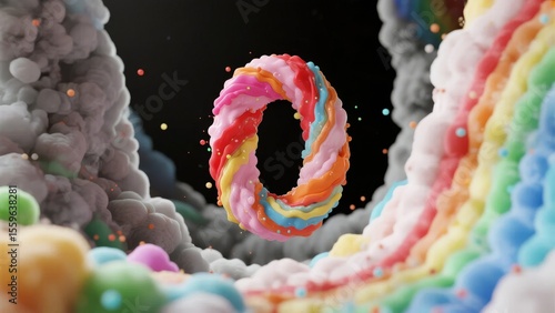 Vibrant, rainbow-colored numeral '0' surrounded by fluffy clouds and colorful elements in a whimsical setting